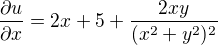 kopírovat do textarea $\frac{\partial u}{\partial x}=2x+5+\frac{2xy}{(x^{2}+y^{2})^{2}}$