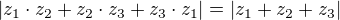 $|z_{1}\cdot z_{2}+z_{2}\cdot z_{3}+z_{3}\cdot z_{1}|=|z_{1}+z_{2}+z_{3}|$