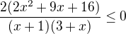 $\frac{2(2x^2+9x+16)}{(x+1)(3+x)}\le 0$