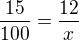 $\frac{15}{100}=\frac{12}x$