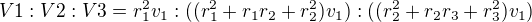 $V1 :V2 :V3=r_1^2v_1:((r_1^2+r_1r_2+r_2^2)v_1):((r_2^2+r_2r_3+r_3^2)v_1)$