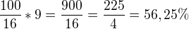 $\frac{100}{16}*9=\frac{900}{16}=\frac{225}4=56,25\%$