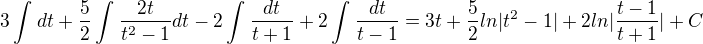 $3\int_{}^{}dt+\frac{5}{2}\int_{}^{}\frac{2t}{t^{2}-1}dt-2\int_{}^{}\frac{dt}{t+1}+2\int_{}^{}\frac{dt}{t-1}=3t+\frac{5}{2}ln|t^{2}-1|+2ln|\frac{t-1}{t+1}|+C$