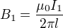 $B_1=\frac{\mu_0I_1}{2\pi l}$