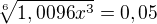 $\sqrt[6]{1,0096x^{3}} = 0,05$