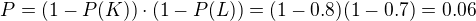 $P = (1-P(K))\cdot (1-P(L))=(1-0.8)(1-0.7) = 0.06$
