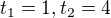 $t_{1}=1,t_{2}=4$