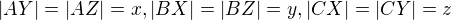 kopírovat do textarea $|AY|=|AZ|=x, |BX|=|BZ|=y, |CX|=|CY|=z$