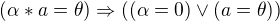 $ ( \alpha * a = \theta ) \Rightarrow ( ( \alpha = 0 ) \vee ( a = \theta ) ) $