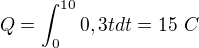 $Q=\int_0^{10}0,3t dt=15\ C$