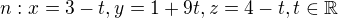 $n: x=3-t, y=1+9t, z=4-t, t\in \mathbb{R}$