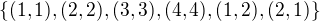 $\{(1,1),(2,2),(3,3),(4,4),(1,2),(2,1)\}$