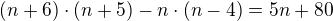 $(n+6)\cdot (n+5) - n\cdot (n-4) = 5n + 80$