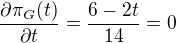 kopírovat do textarea $\frac{\partial \pi_G (t)}{\partial t} = \frac{6-2t}{14} = 0$