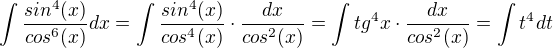 $\int{\frac{sin^4(x)}{cos^6(x)}}dx=\int{\frac{sin^4(x)}{cos^4(x)}}\cdot \frac{dx}{cos^2(x)}=\int tg^4x \cdot \frac{dx}{cos^2(x)}=\int{t^4}^{}dt$