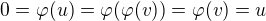 $0=\varphi (u)=\varphi(\varphi(v))=\varphi(v)=u$