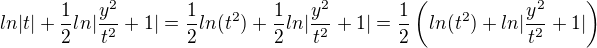 $ln|t|+\frac12ln|\frac{y^2}{t^2}+1|=\frac12 ln (t^2)+\frac12ln|\frac{y^2}{t^2}+1|=\frac12\(ln (t^2)+ln|\frac{y^2}{t^2}+1|\)$