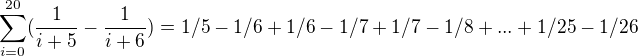 kopírovat do textarea $\sum_{i=0}^{20}(\frac{1}{i+5}-\frac{1}{i+6})=1/5-1/6+1/6-1/7+1/7-1/8+...+1/25 -1/26$