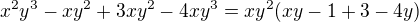 $x^{2}y^{3}-xy^{2}+3xy^{2}-4xy^{3}=xy^{2}(xy-1+3-4y)$