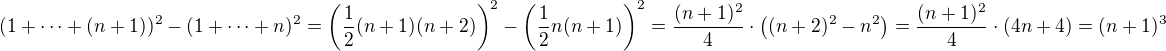 $(1+\cdots+(n+1))^2-(1+\cdots+n)^2=\left(\frac12(n+1)(n+2)\right)^2-\left(\frac12n(n+1)\right)^2=\frac{(n+1)^2}4\cdot\left((n+2)^2-n^2\right)=\frac{(n+1)^2}4\cdot(4n+4)=(n+1)^3$