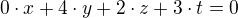 $0\cdot x+4\cdot y+2\cdot z+3\cdot t=0$