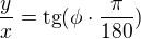 $\frac{y}{x}=\text{tg} (\phi\cdot\frac{\pi}{180})$