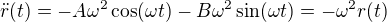 $\ddot{r}(t) = - A \omega^2 \cos (\omega t) - B \omega^2 \sin (\omega t) = - \omega^2 r(t)$