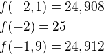 $f(-2,1)=24,908\nlf(-2)=25\nlf(-1,9)=24,912$