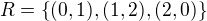 $R=\{(0,1),(1,2),(2,0)\}$