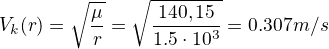 $V_k(r) = \sqrt{\frac{\mu}{r}} = \sqrt{\frac{140,15}{1.5\cdot 10^3}} = 0.307 m/s$