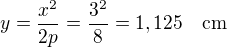 $y=\frac{x^2}{2p}=\frac{3^2}{8}=1,125\quad\rm{cm}$