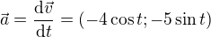 $\vec{a}=\frac{\mathrm{d} \vec{v}}{\mathrm{d} t}=(-4\cos t;-5\sin t)$