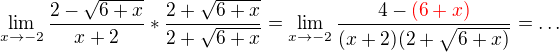 $\lim_{x\to-2}\frac{2-\sqrt{6+x}}{x+2}*\frac{2+\sqrt{6+x}}{2+\sqrt{6+x}}=\lim_{x\to-2}\frac{4-{\color{red}(6+x)}}{(x+2)(2+\sqrt{6+x)}}=\dotsc$