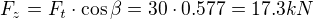 $F_z = F_t \cdot \cos \beta = 30\cdot 0.577 = 17.3 kN$