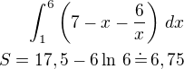 $\int_1^6\left(7-x-\frac 6x\right)\,dx\\S=17,5-6\ln\,6\,\dot=\,6,75$