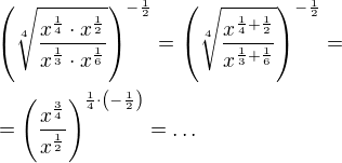 $\left(\sqrt[4]{\frac{x^{\frac{1}{4}}\cdot x^{\frac{1}{2}}}{x^{\frac{1}{3}}\cdot x^{\frac{1}{6}}}}\right)^{-\frac{1}{2}}=\left(\sqrt[4]{\frac{x^{\frac{1}{4}+\frac{1}{2}}}{x^{\frac{1}{3}+\frac{1}{6}}}}\right)^{-\frac{1}{2}}=\nl =\left(\frac{x^{\frac{3}{4}}}{x^{\frac{1}{2}}}\right)^{\frac{1}{4}\cdot \left(-\frac{1}{2}\right)}=\ldots $