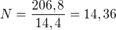$N=\frac{206,8}{14,4}=14,36$