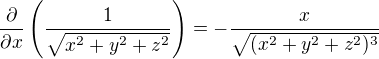 kopírovat do textarea $\frac{\partial}{\partial x}\(\frac{1}{\sqrt{x^2+y^2 +z^2}}\)=-\frac{x}{\sqrt{(x^2+y^2 +z^2)^3}}$