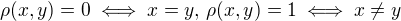 $\rho(x, y) = 0 \iff x = y,\, \rho(x, y) = 1 \iff x \ne y$