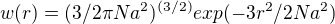 kopírovat do textarea $w(r) =(3/2\pi Na^{2})^{(3/2)} exp(-3r^{2}/2Na^{2})$