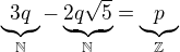 $\underbrace{3q}_{\mathbb N}-\underbrace{2q\sqrt5}_{\mathbb N}=\underbrace{p}_{\mathbb Z}$