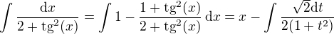 kopírovat do textarea $\int \frac{\mathrm{d}x}{2+\mathrm{tg}^2(x)} = \int 1- \frac{1+\mathrm{tg}^2(x)}{2+\mathrm{tg}^2(x)} \, \mathrm{d}x = x - \int \frac{\sqrt{2}\mathrm{d}t}{2(1+t^2)}$