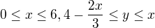 $0\le x\le 6,4-\frac{2x}{3 }\le y\le x$