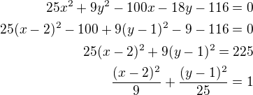 $25x^2+9y^2-100x-18y-116=0\\25(x-2)^2-100+9(y-1)^2-9-116=0\\25(x-2)^2+9(y-1)^2=225\\\frac{(x-2)^2}{9}+\frac{(y-1)^2}{25}=1$