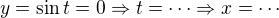 $y=\sin t = 0 \Rightarrow t = \cdots \Rightarrow x = \cdots$