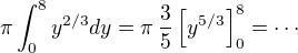 $\pi \int_{0}^{8}y^{2/3}dy = \pi\, \frac{3}{5}\left[y^{5/3}\right]_0^8=\cdots$
