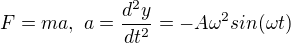 $F=ma,\text{ }a=\frac{d^{2}y}{dt^{2}}=-A\omega^{2} sin(\omega t)$