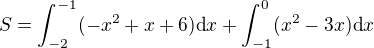 kopírovat do textarea $S=\int_{-2}^{-1}(-x^{2}+x+6)\text{d}x+\int_{-1}^{0}(x^{2}-3x)\text{d}x$