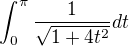 $\int_{0}^{\pi }\frac{1}{\sqrt{1+4t^{2}}}dt$
