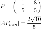 $P=\left(-\frac 15;\,-\frac 85\right)\\|AP_{min}|=\frac{2\sqrt{10}}{5}$